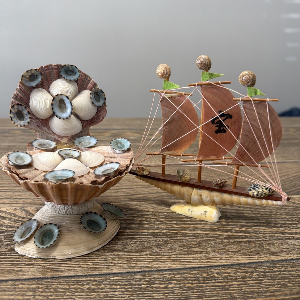 Handcrafted Coastal Shell Decor Trinket Box Ring Dish Scallops + Shell Boat